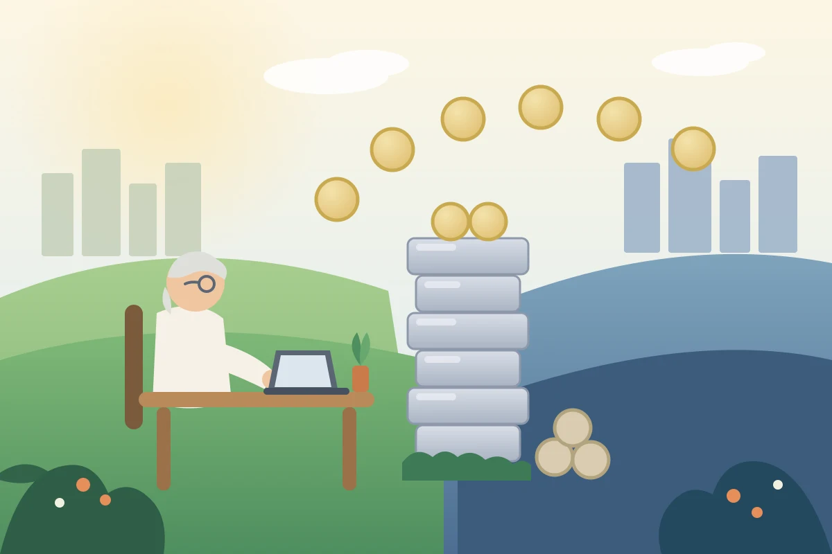 働きながら年金を受け取る人と、給与と年金の合計を仕切る基準額の壁のイメージ